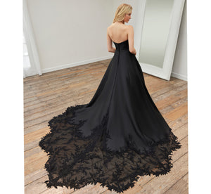 Lace And Mikado Strapless Gown With Cathedral Train And Detachable Gloves In Black