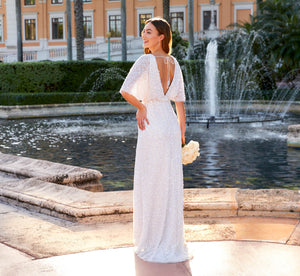 Allover Beaded A-Line Blouson Gown With V-Neckline In Ivory Pearl