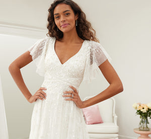 Hand-Beaded Crisscross A-Line Gown In Ivory Ivory
