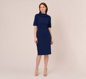 Short Sleeve Crepe Dress With Rolled Neck In Navy Sateen