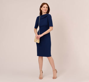 Short Sleeve Crepe Dress With Rolled Neck In Navy Sateen