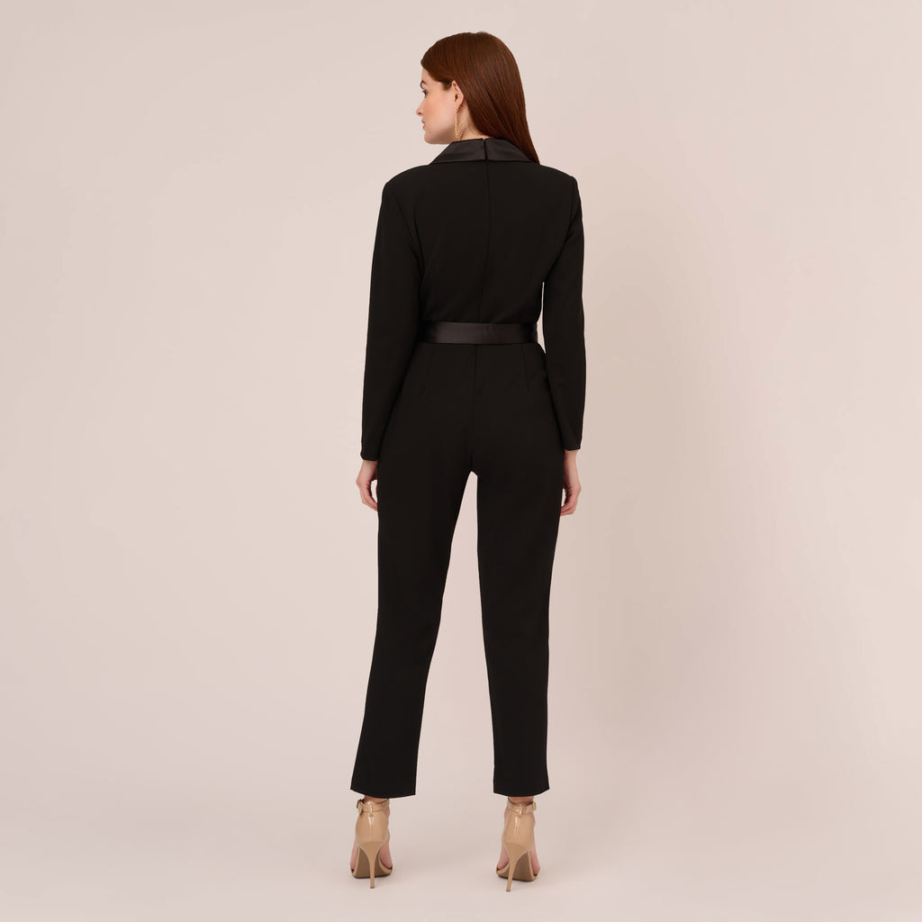 Long Sleeve Crepe Jumpsuit With Tuxedo Collar In Black