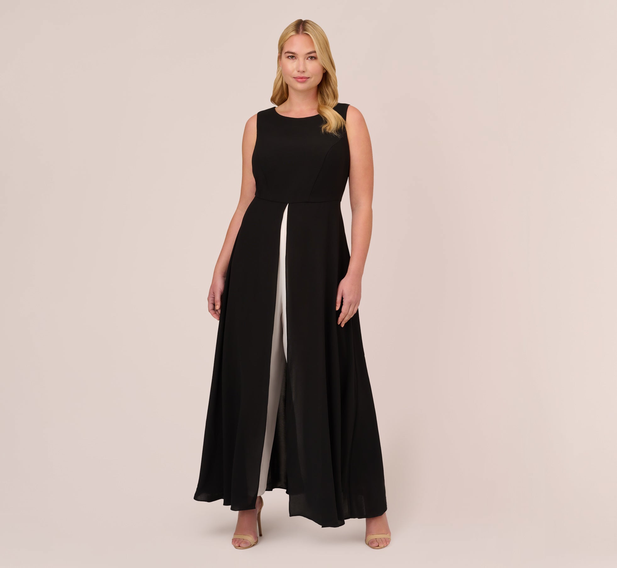 Plus Size Colorblock Jumpsuit With Skirt Overlay In Black Ivory Plus Size Colorblock Jumpsuit With Skirt Overlay In Black Ivory