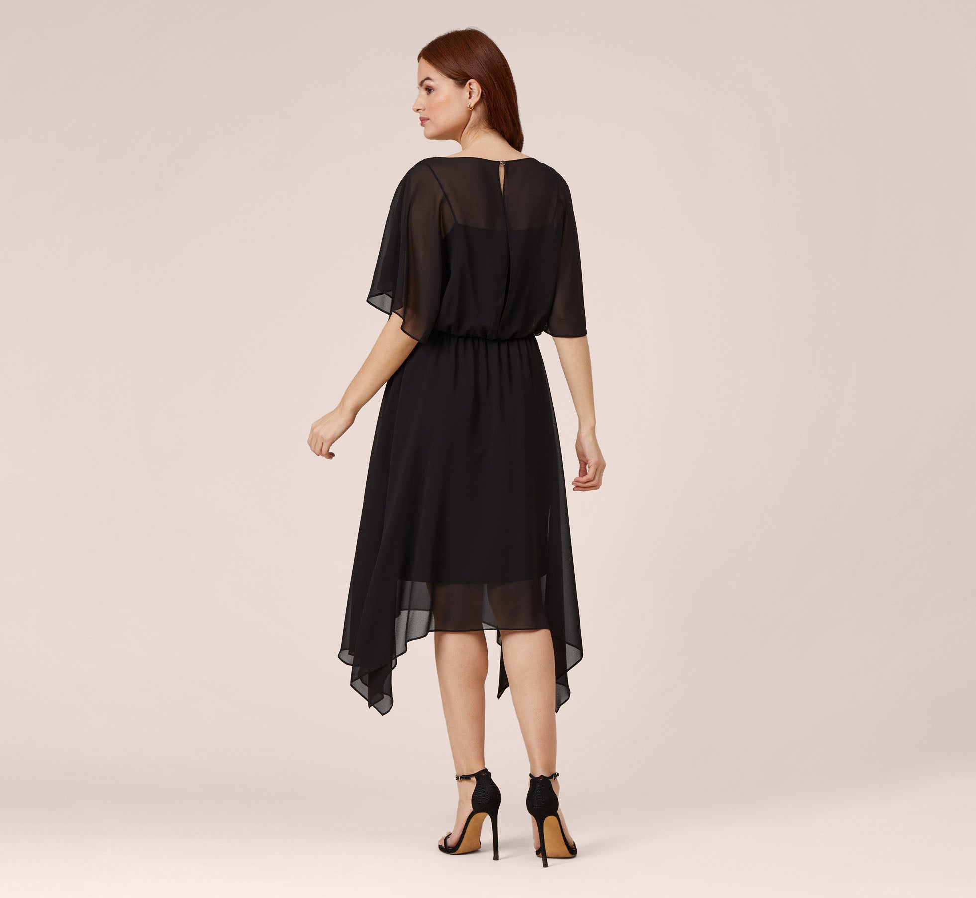 Chiffon Blouson Midi Dress With Flutter Sleeves In Black-Black / Regular / XS