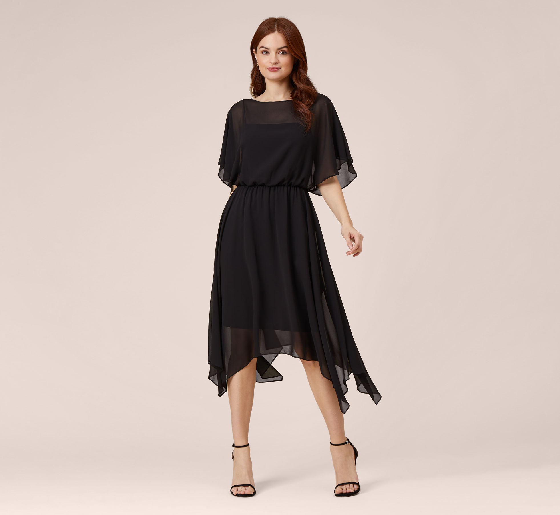 Chiffon Blouson Midi Dress With Flutter Sleeves In Black - Adrianna Papell Chiffon Blouson Midi Dress With Flutter Sleeves In Black - Adrianna Papell