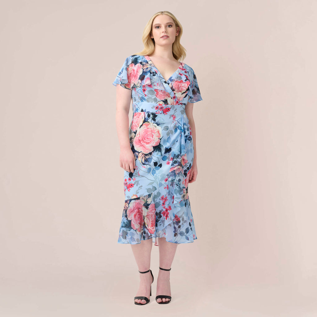 Plus Size Floral Faux Wrap Dress In Blue Multi Adrianna Papell