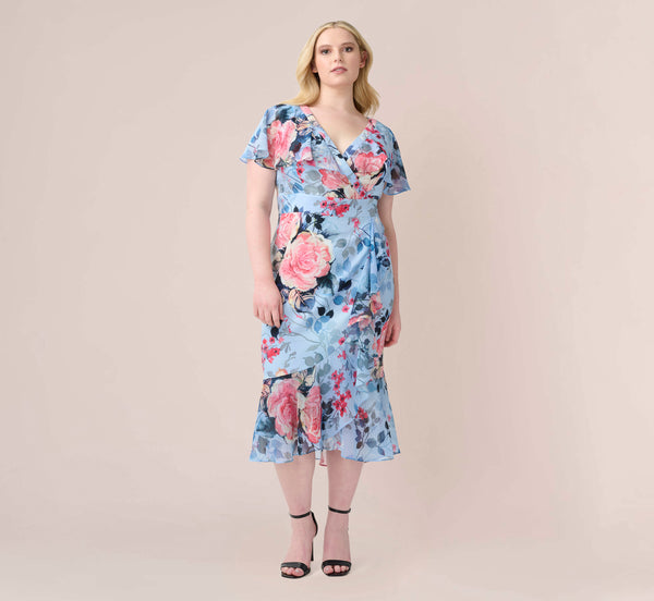 blue and pink wrap dress Plus Size Floral Faux In Multi Inner- Pure Microscrape Cotton Full Lining Experience summer luxury with Size:US4 / UK8 / EU34 it offers a clean