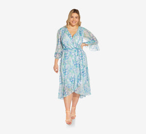 Plus Size Floral-Printed Chiffon Short Dress In Blue Multi
