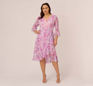 Plus Size Floral-Printed Chiffon Short Dress In Pink Multi