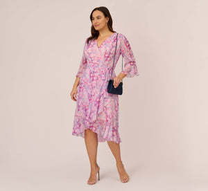 Plus Size Floral-Printed Chiffon Short Dress In Pink Multi