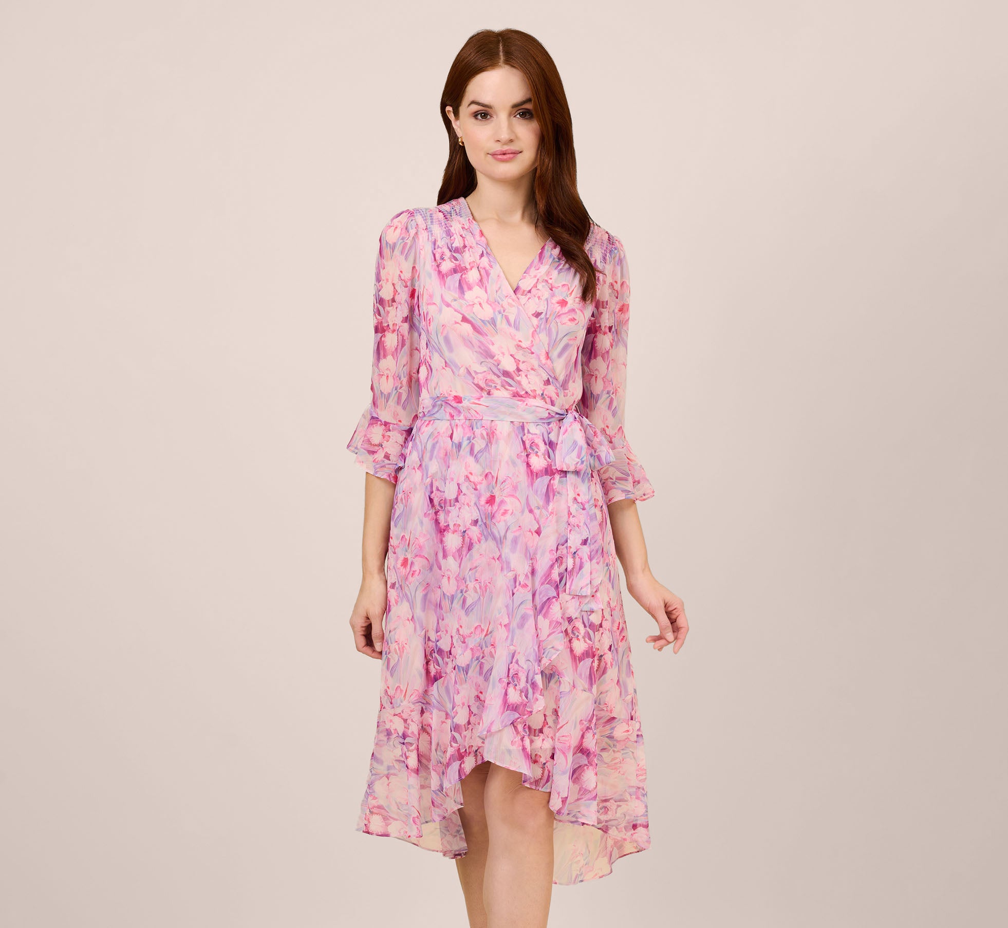 Floral-Printed Chiffon Short Dress In Pink Multi