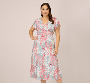 Plus Size Floral-Print Fit-And-Flare Midi-Length Chiffon Dress In Aqua Multi