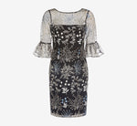 Embroidered Three Quarter Sleeve Short Sheath Dress With Bell Sleeves In Blue Multi 6