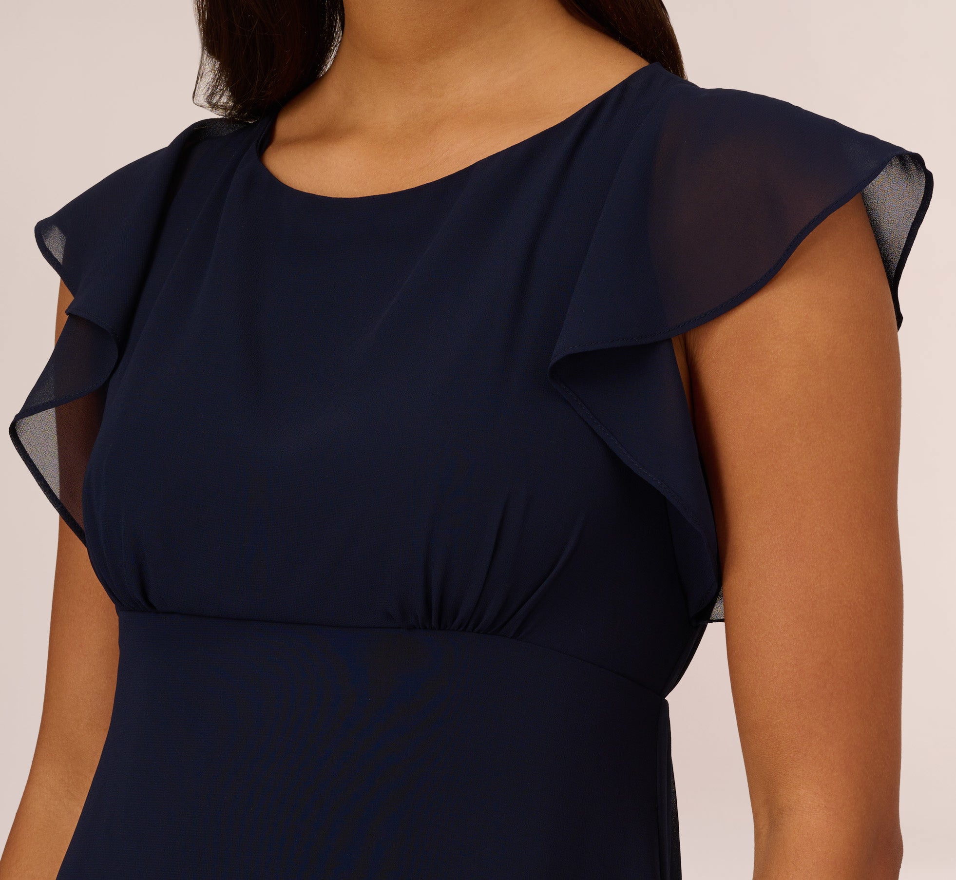 Chiffon And Jersey Midi-Length Dress With Side Slits In Navy