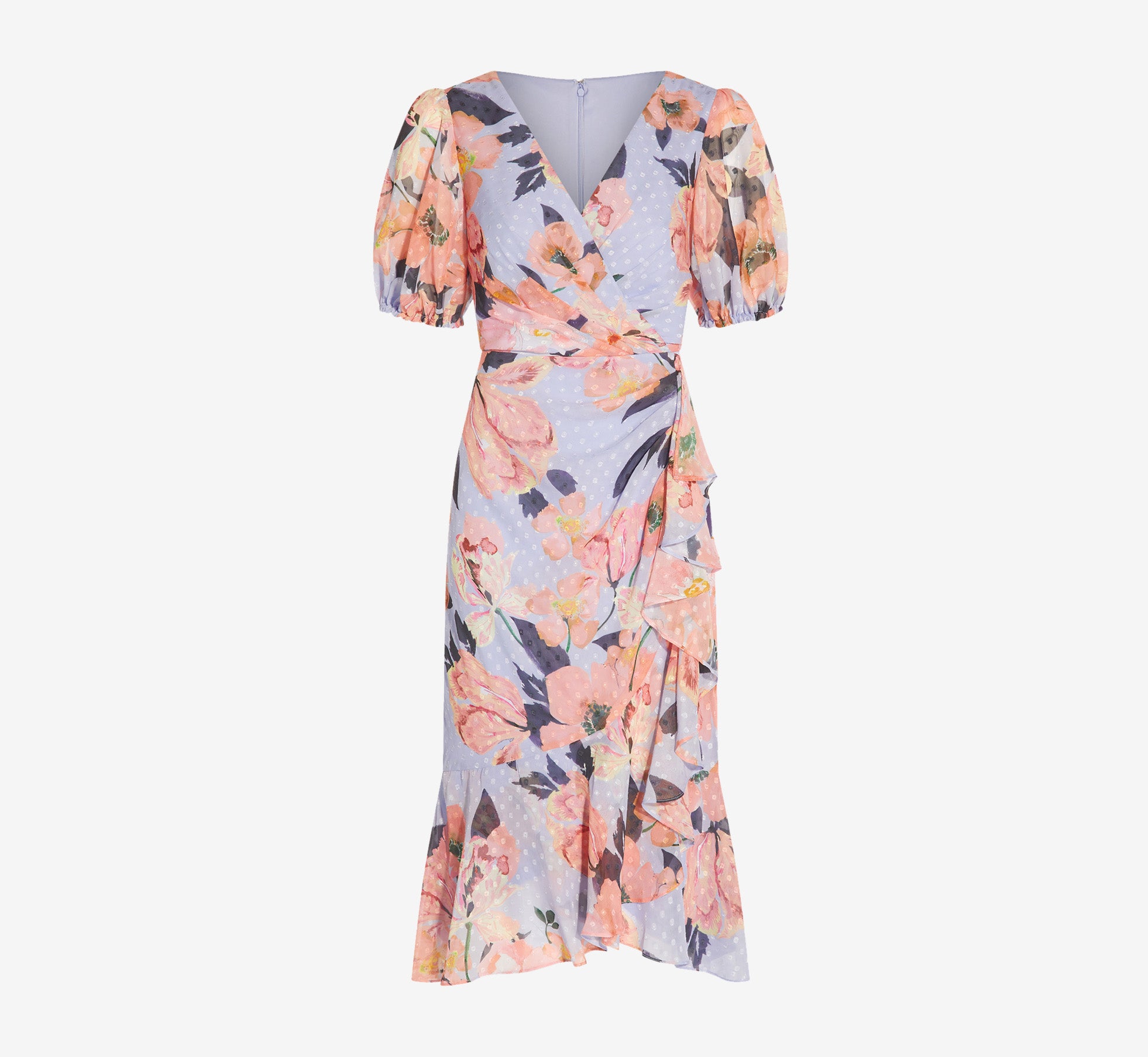 Floral-Printed Clip Dot Chiffon Midi-Length Cocktail Dress In Opal
