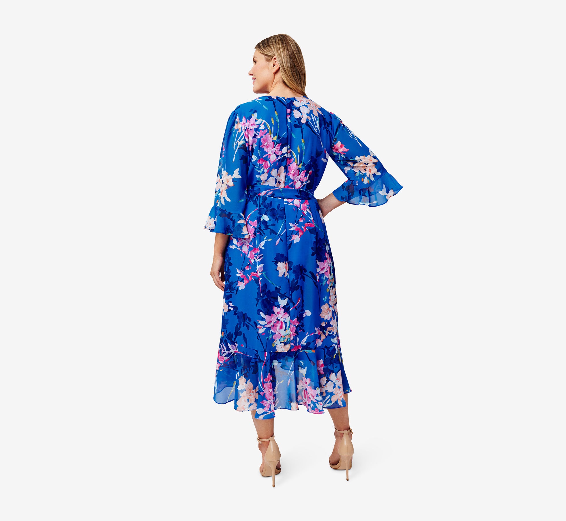 Plus Size Floral-Print Chiffon Short Wrap Dress In Blue Multi
