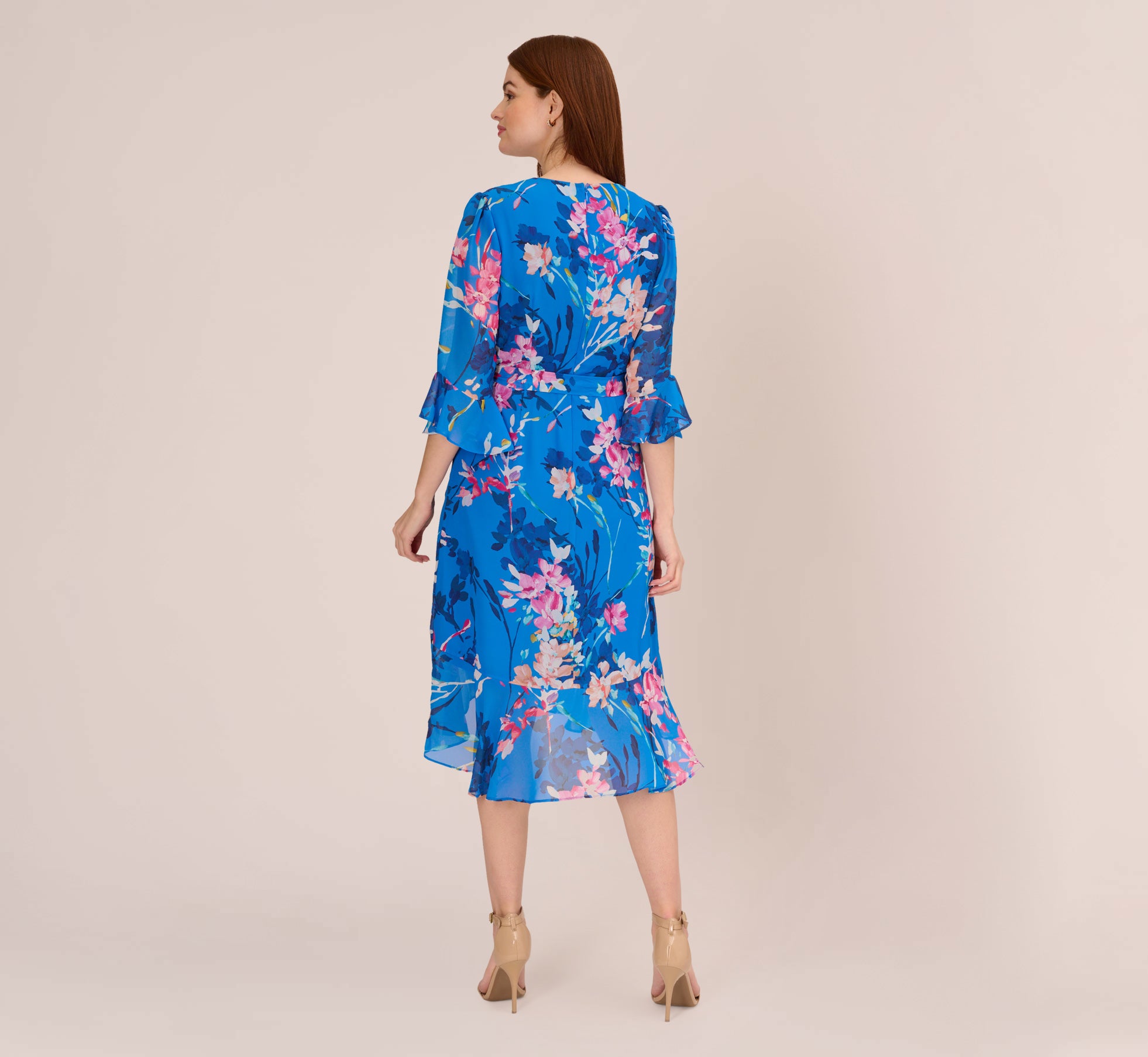 Floral-Print Chiffon Short Wrap Dress In Blue Multi | Adrianna Papell
