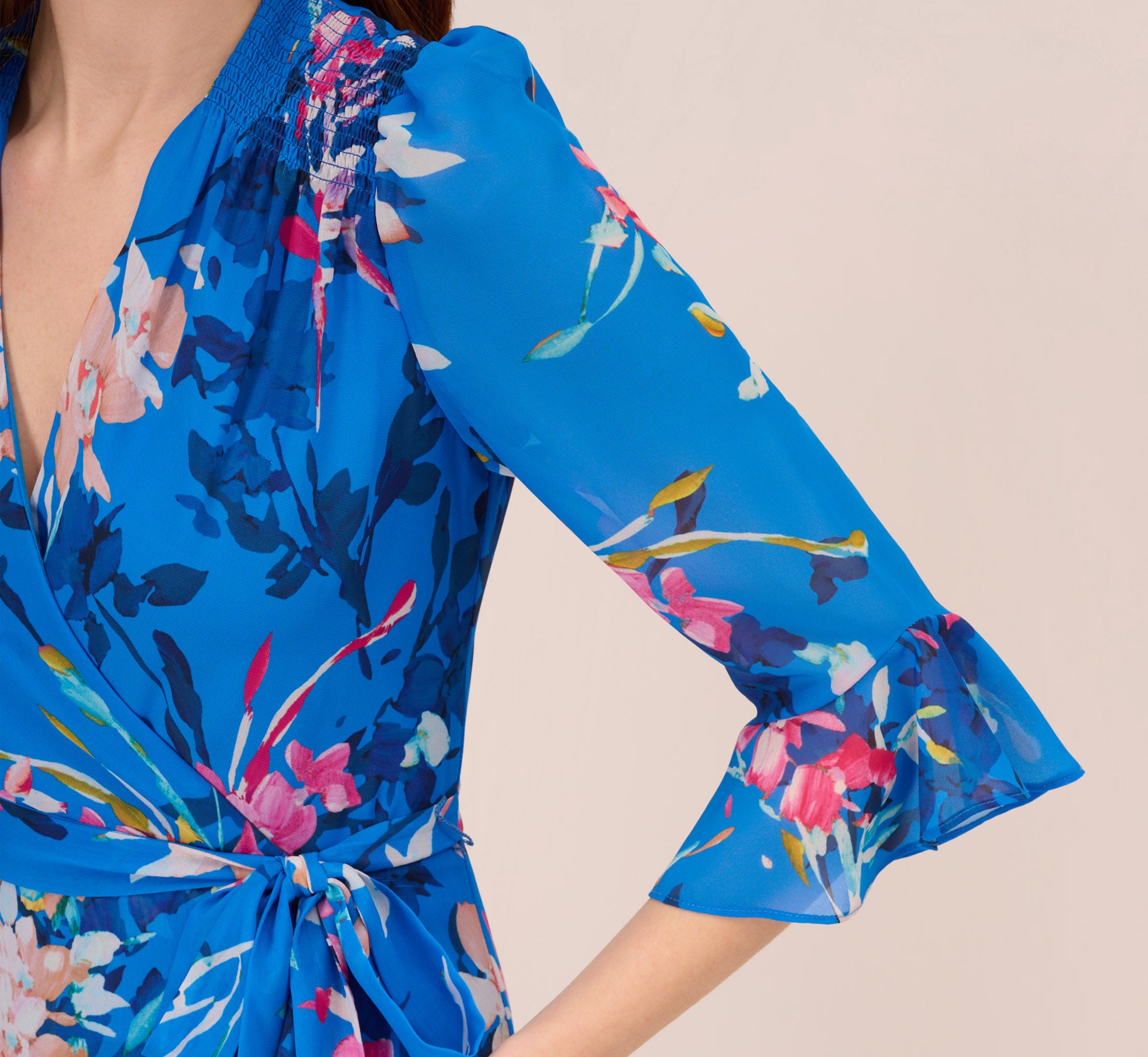 Floral-Print Chiffon Short Wrap Dress In Blue Multi | Adrianna Papell