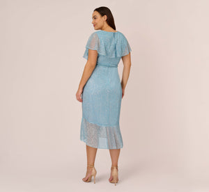 Plus Size Floral Metallic Stencil Midi-Length Mermaid Dress With Capelet In Light Blue