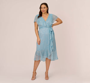 Plus Size Floral Metallic Stencil Midi-Length Mermaid Dress With Capelet In Light Blue