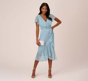 Floral Metallic Stencil Midi-Length Mermaid Dress With Capelet In Light Blue