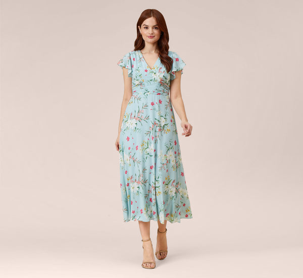 Floral Print Stretch Chiffon Midi-Length Fit-And-Flare Dress With Flut 