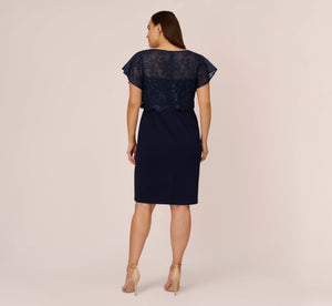 Plus Size Sequined Guipure Lace Popover Stretch Knit Crepe Short Sheath Dress In Navy