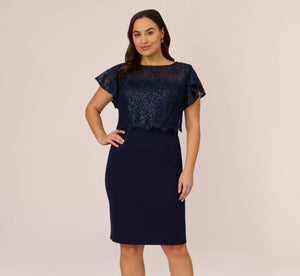 Plus Size Sequined Guipure Lace Popover Stretch Knit Crepe Short Sheath Dress In Navy
