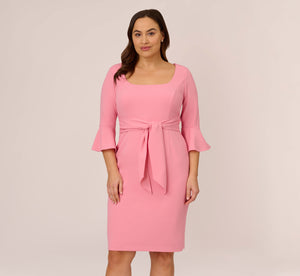 Plus Size Stretch Knit Crepe Tie-Front Midi-Length Sheath Dress In Faded Rose