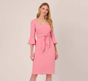 Stretch Knit Crepe Tie-Front Midi-Length Sheath Dress In Faded Rose