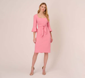 Stretch Knit Crepe Tie-Front Midi-Length Sheath Dress In Faded Rose