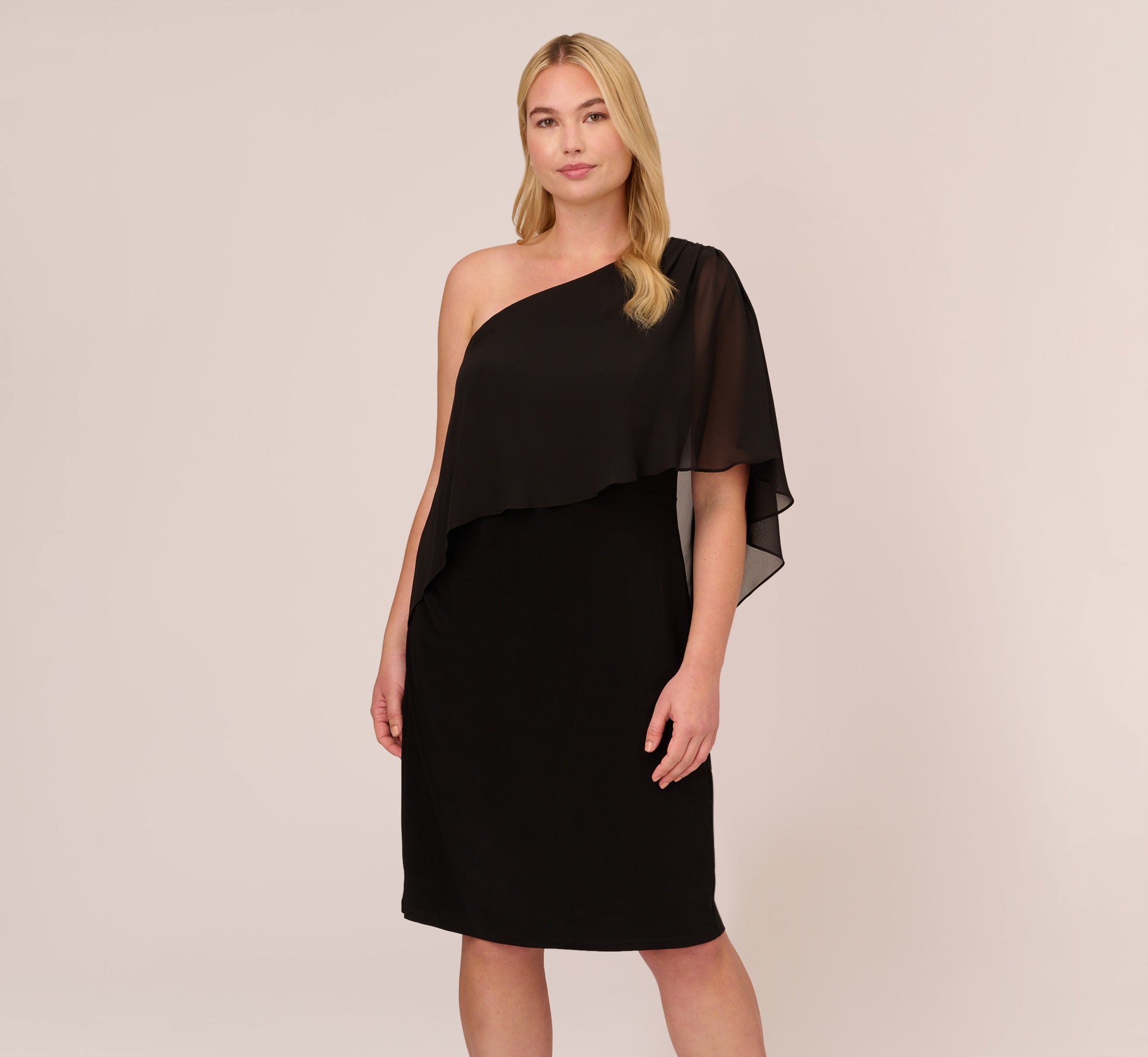 Plus Size One Shoulder Dress With Chiffon Cape In Black