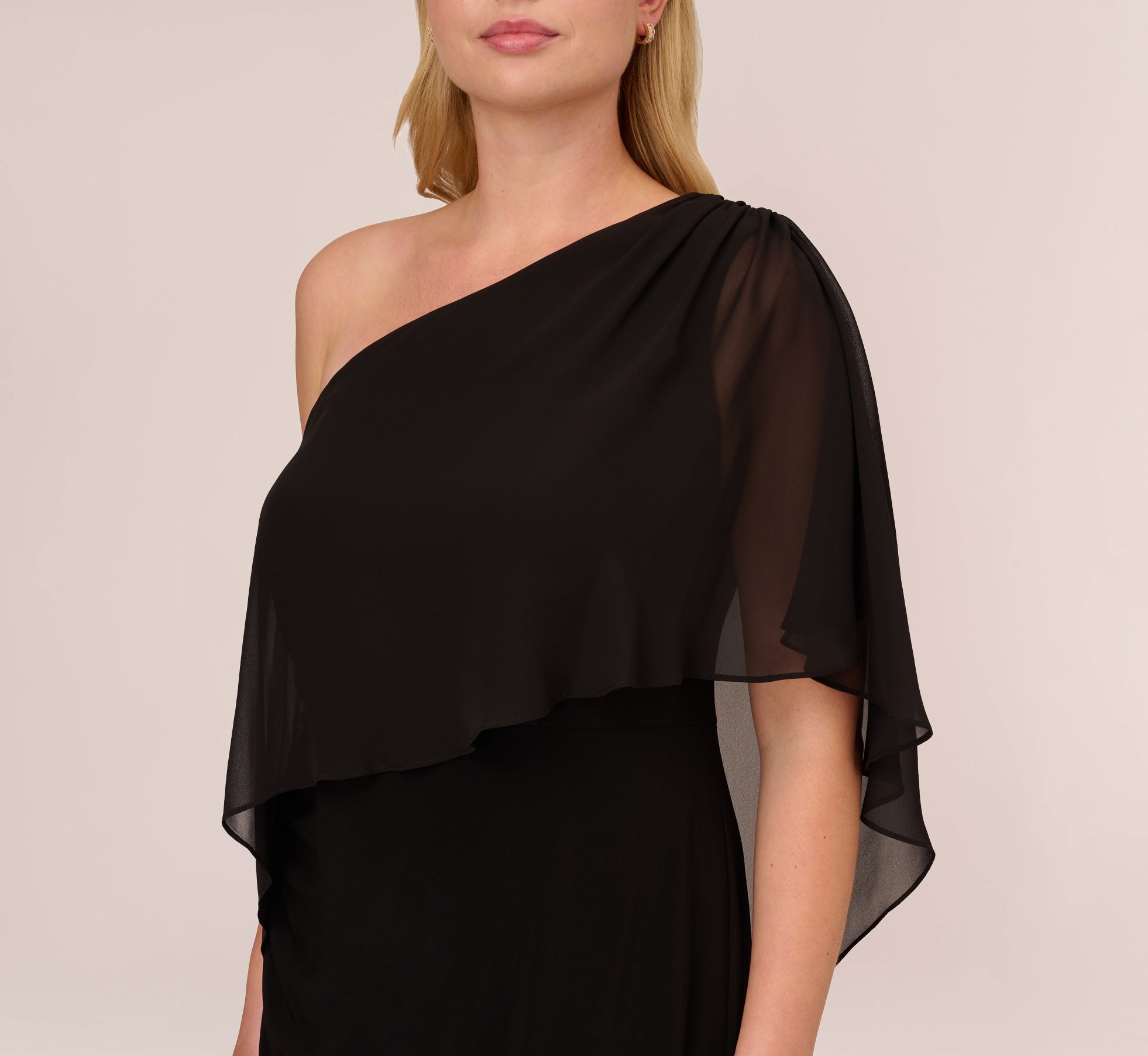Black Plus Size One Shoulder Dress With Chiffon Cape - Adrianna Papell Black Plus Size One Shoulder Dress With Chiffon Cape - Adrianna Papell