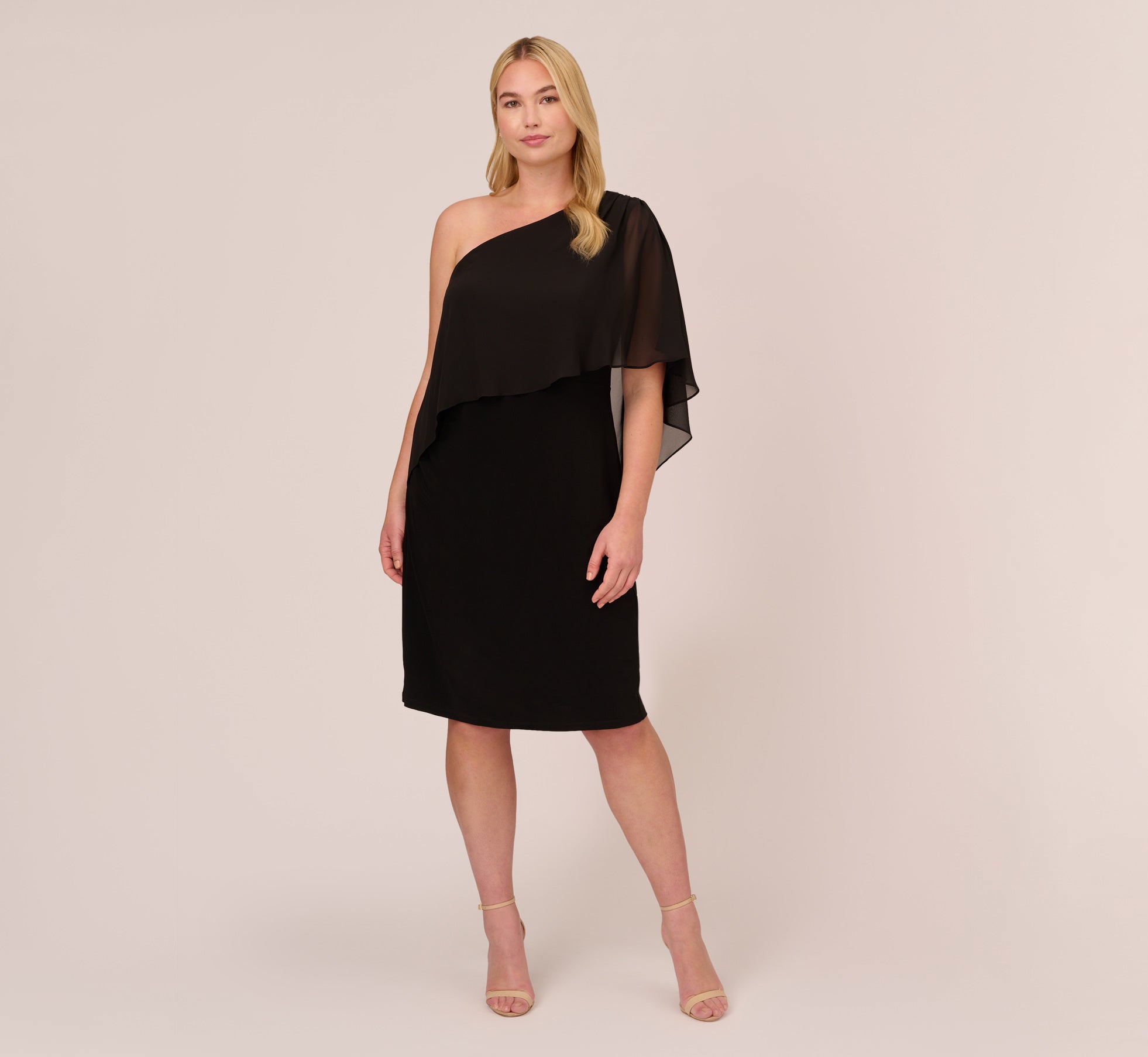 Plus Size One Shoulder Dress With Chiffon Cape In Black Adrianna