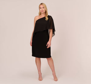 Plus Size One Shoulder Dress With Chiffon Cape In Black