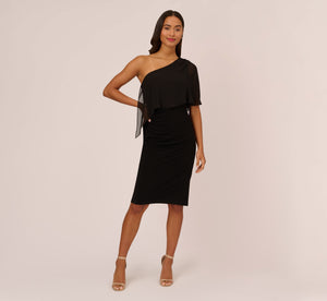 One Shoulder Dress With Chiffon Cape In Black