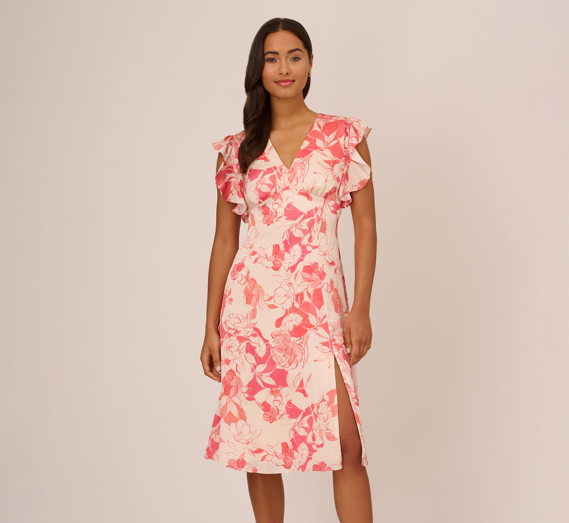 Floral Printed Midi Dress With Flutter Sleeves In Coral Ecru