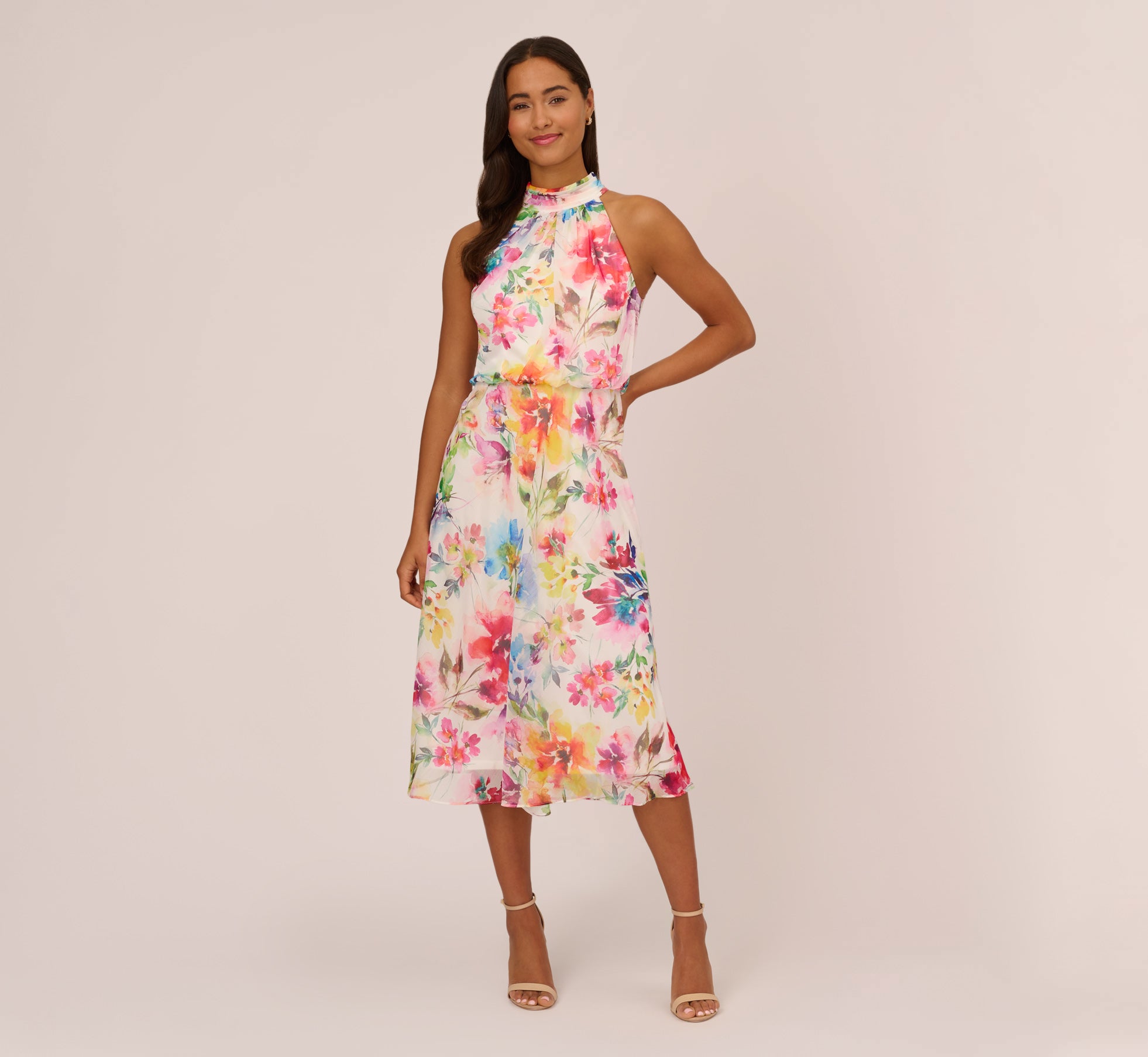 Multicolor Floral Chiffon Halter Dress In Ivory Multi | Adrianna