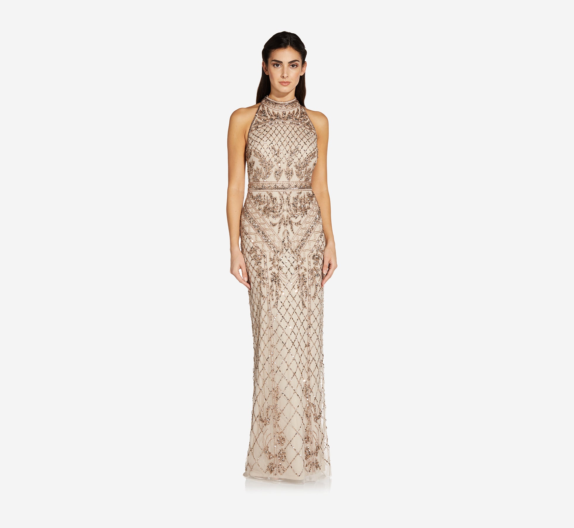 Mock Neck Beaded Column Dress with T-Back 1