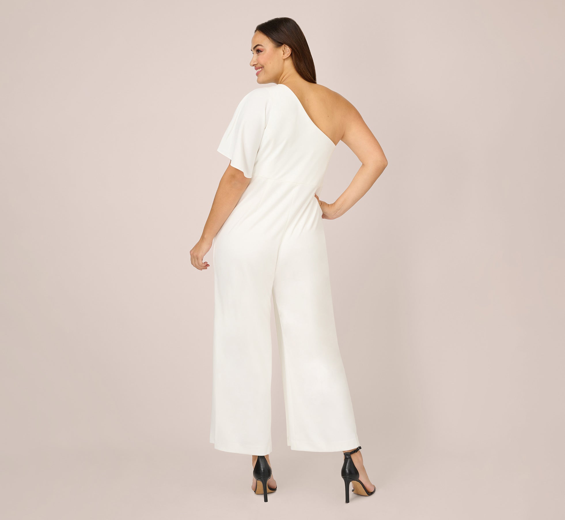 white monstera one shoulder jumpsuit White Plus Size Flutter One Shoulder Jumpsuit