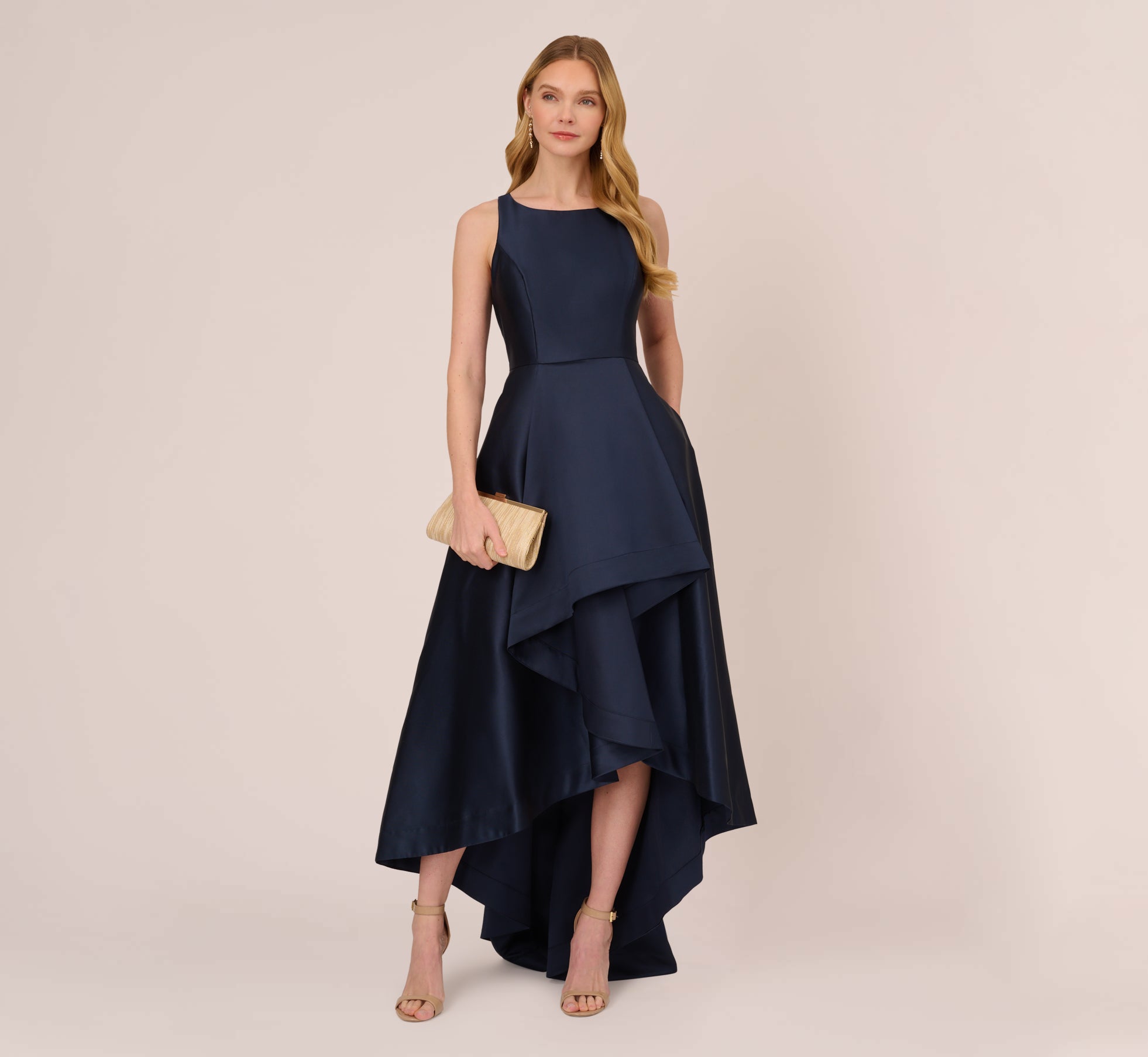 Navy High Low Mikado Gown With Asymmetrical Detail - Adrianna Papell Navy High Low Mikado Gown With Asymmetrical Detail - Adrianna Papell