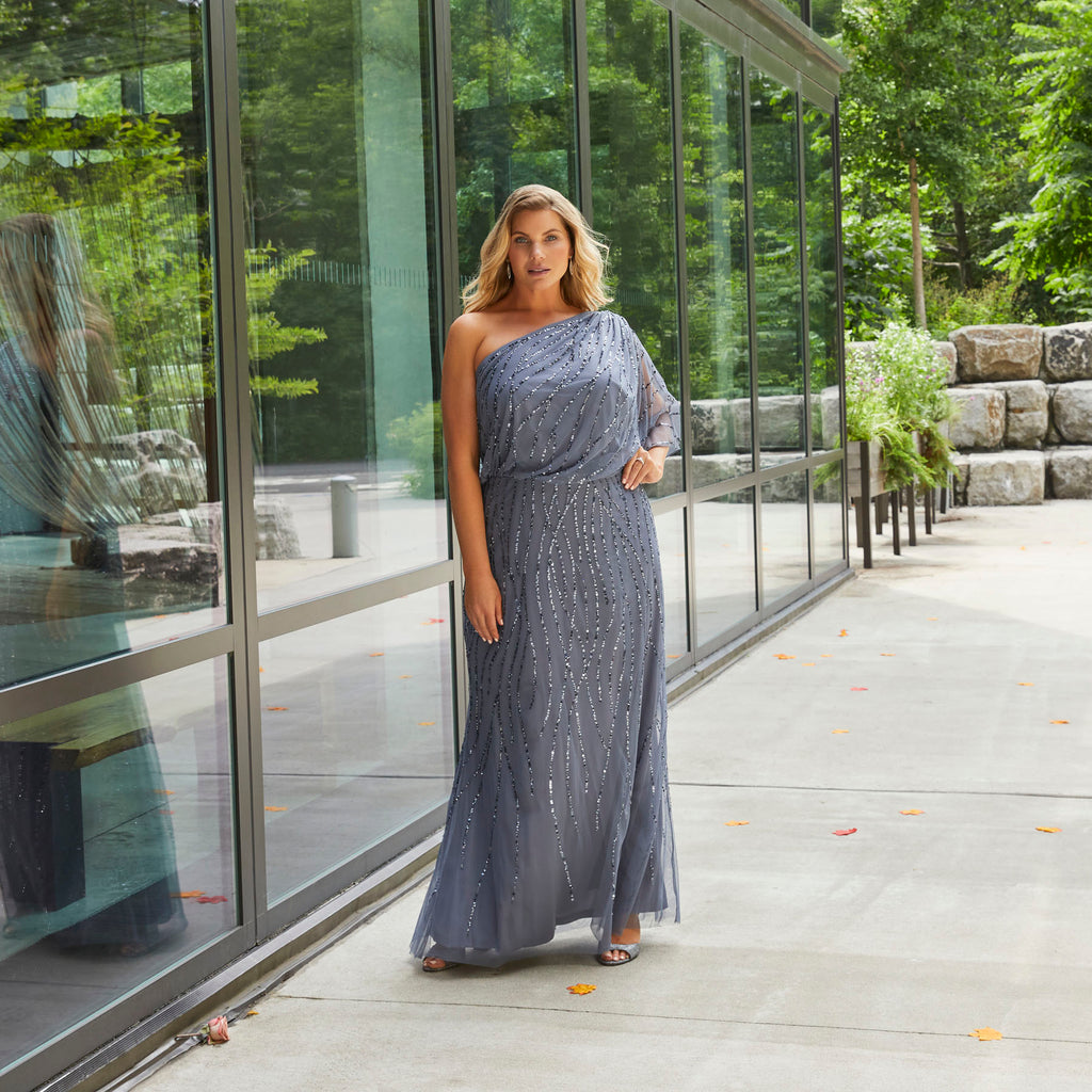 Plus Size Draped One Shoulder Dress With Sequin Detail In Dusty Blue