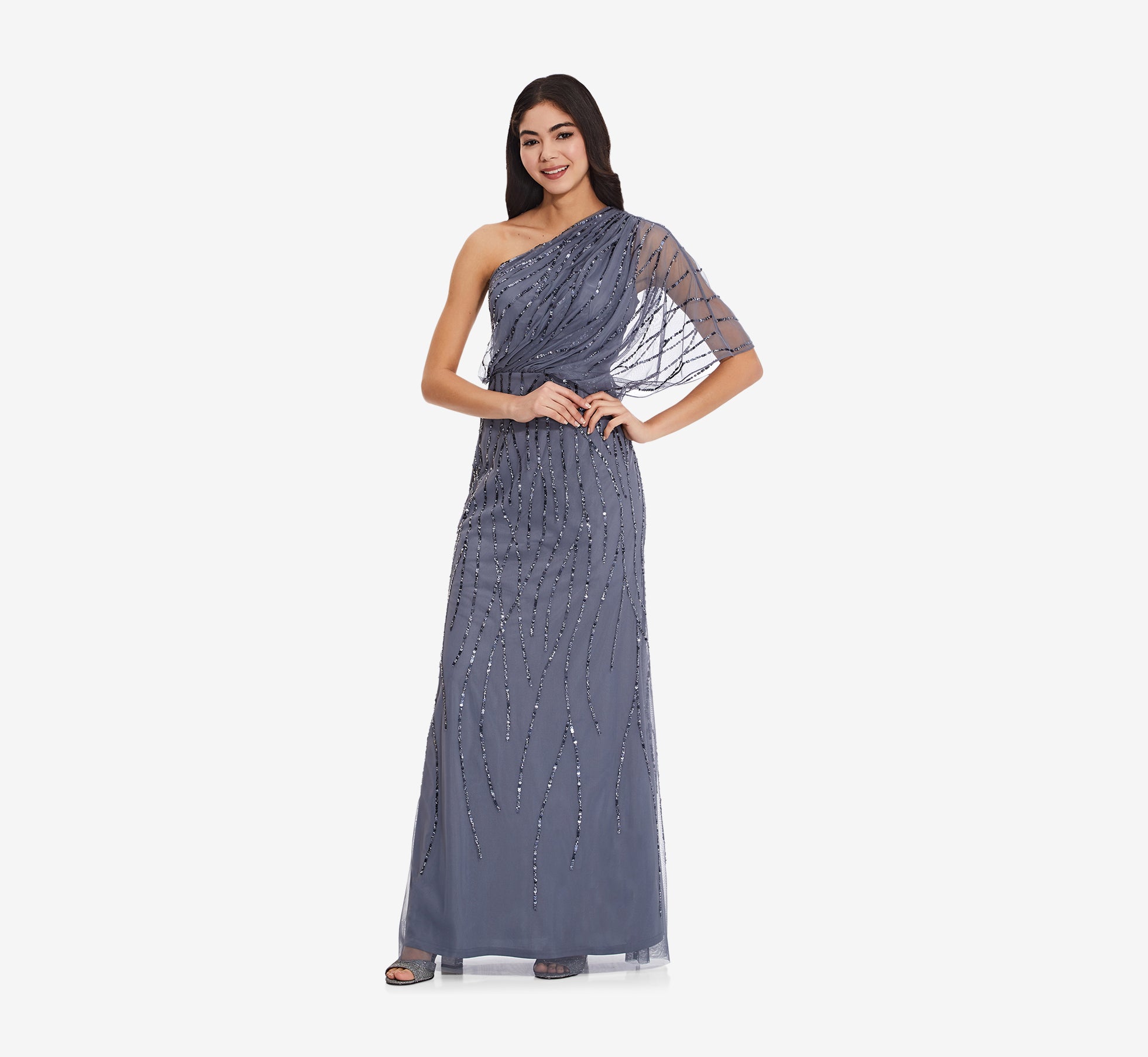 Blue Draped One Shoulder Dress With Sequin Detail - Adrianna Papell