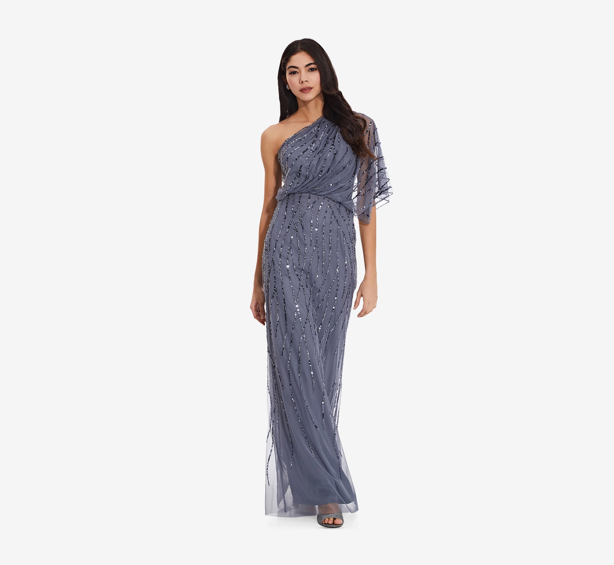Blue Draped One Shoulder Dress With Sequin Detail