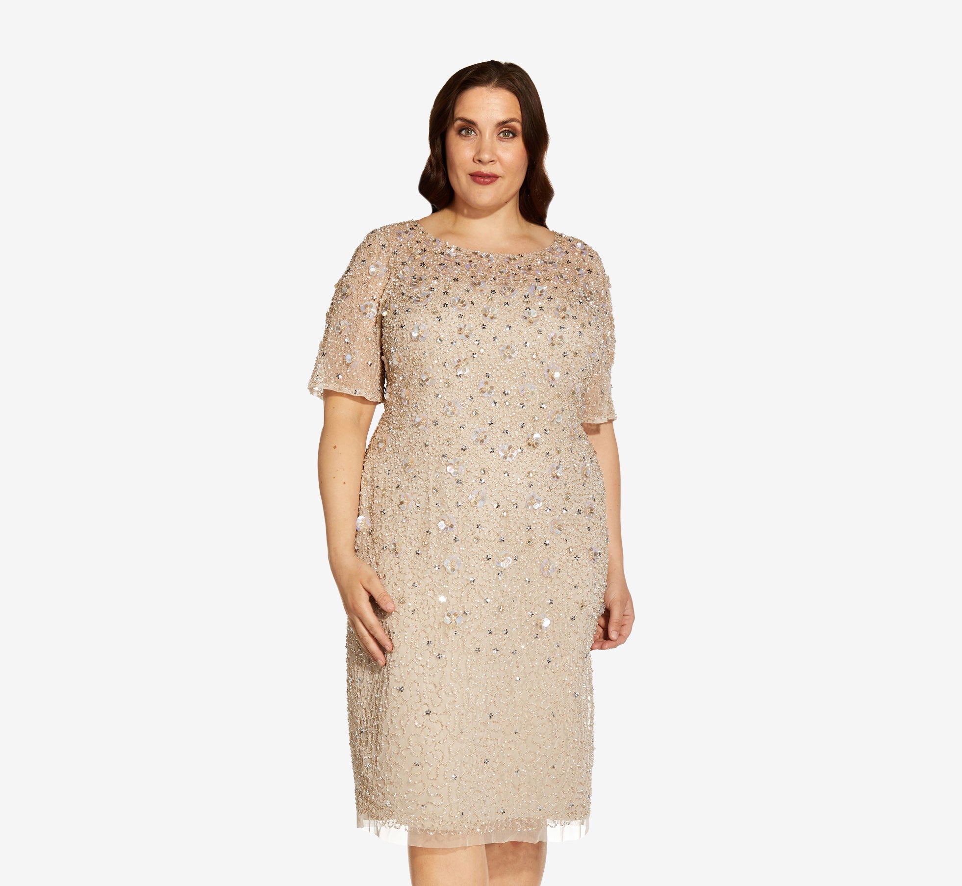 Plus Size Beaded Cocktail Dress In Biscotti | Adrianna Papell