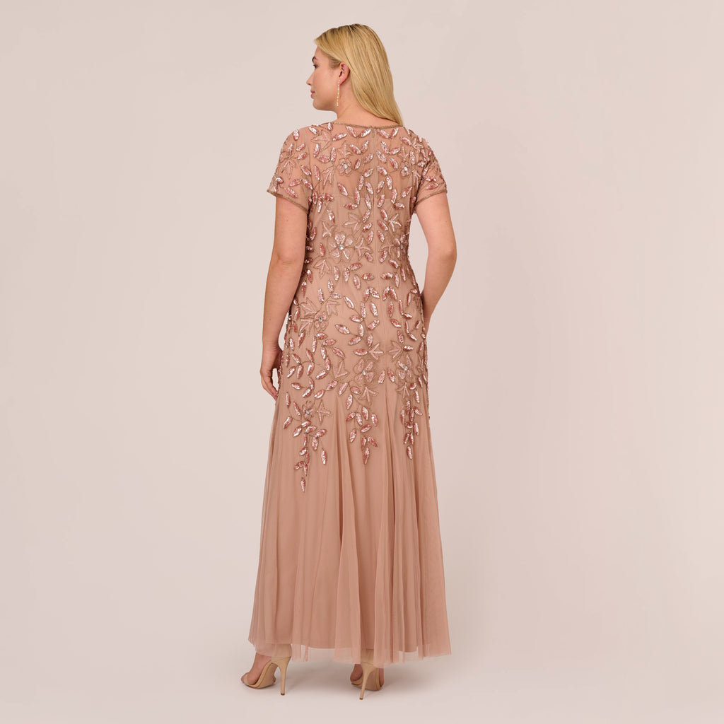 Plus Size Hand Beaded Short Sleeve Floral Godet Gown In Rose Gold ...