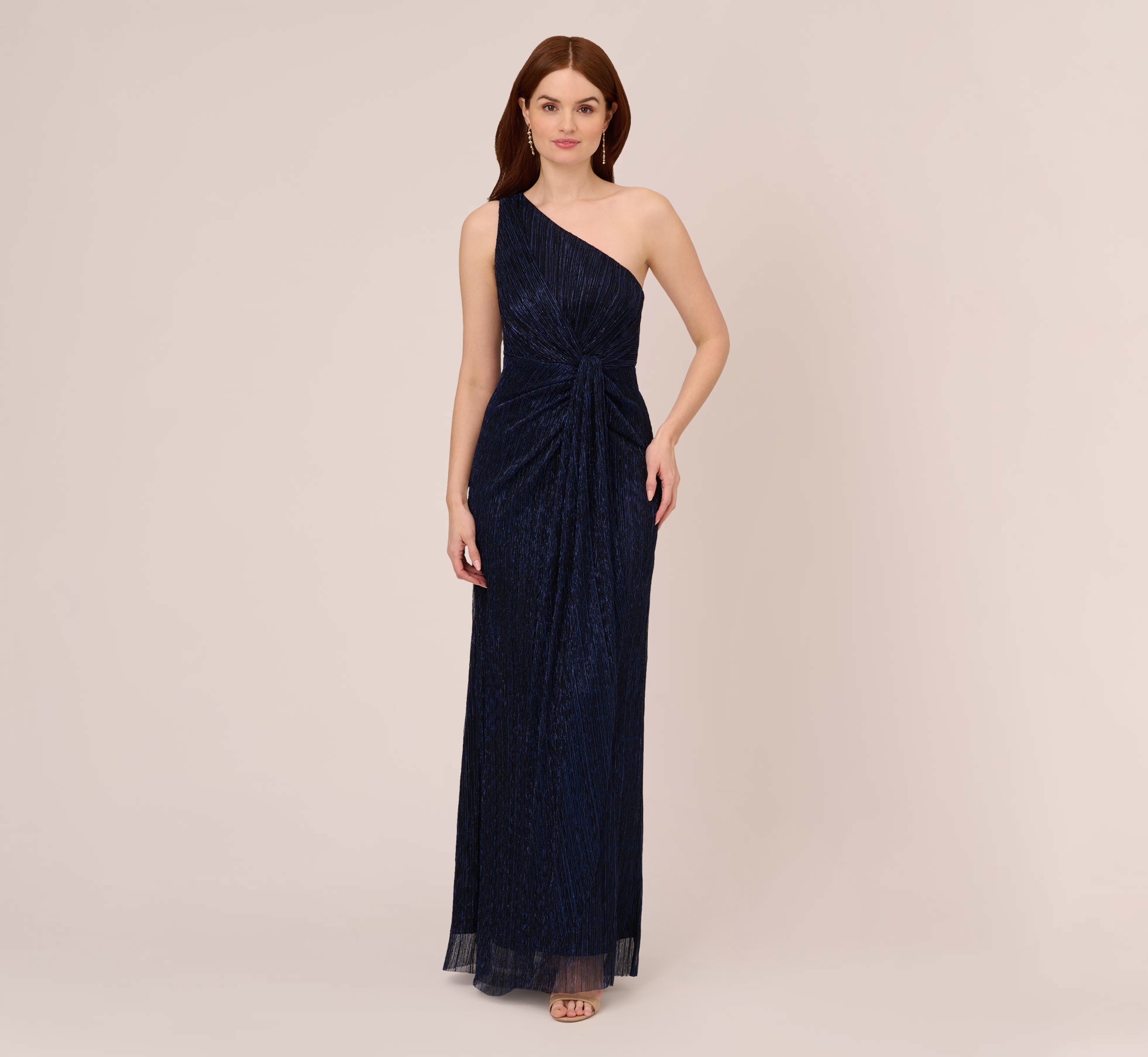 Stardust Pleated Draped One Shoulder Gown In Navy Night