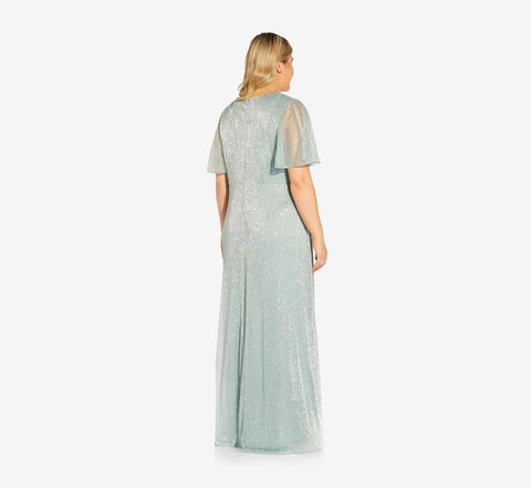 Blue Plus Size Metallic Mesh Draped Gown
