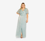 Plus Size Metallic Mesh Draped Gown In Sea Glass 1