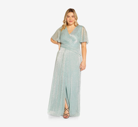 Blue Plus Size Metallic Mesh Draped Gown